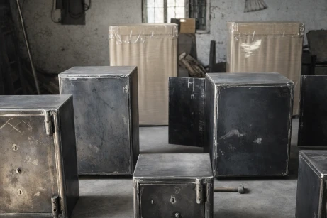 Unfinished safe bodies lined up during production at Jay Safe